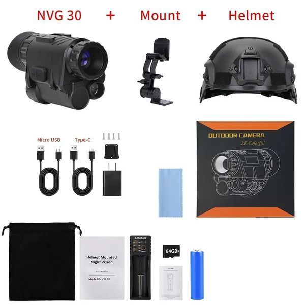 Комплект - монокуляр ночного видения NVG30 Wi-Fi 940nm + шлем (ABS-пластик) + крепления (Черный) 2191877106 фото