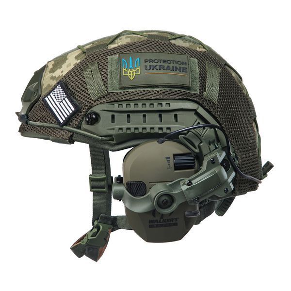 Шлем тактический Fast Helmet NIJ IIIA + Наушники Walkers Razor Slim с чебурашкой + кавер пиксель 040S1 фото