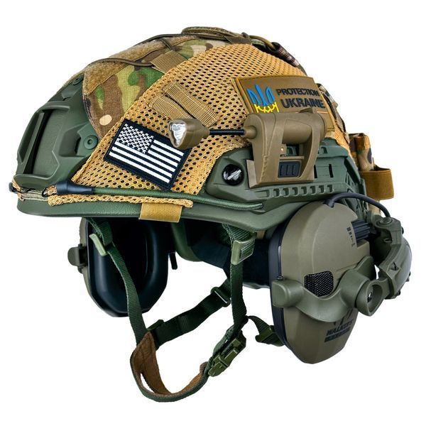 Шолом тактичний Fast Helmet NIJ IIIA + Навушники Walkers Razor Slim з чебурашкою +&nbsp;ліхтарик + кавер 006S1 фото
